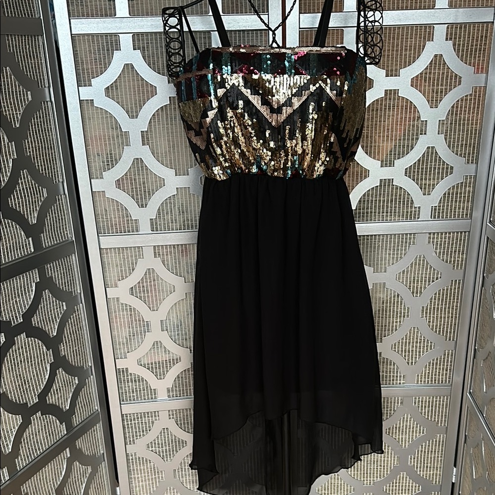 Deb Vintage Gold Sequin Black Sundress Cocktail